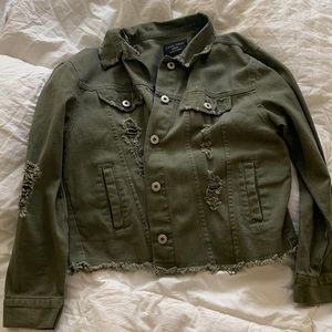 Distressed army green jean jacket